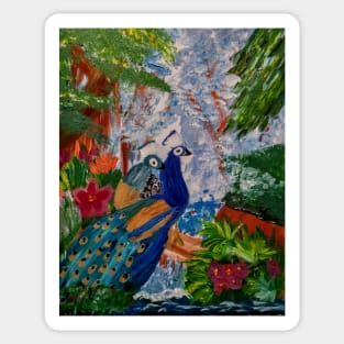Two peacock sitting on a log branch in a forest with a waterfall in the background. Sticker